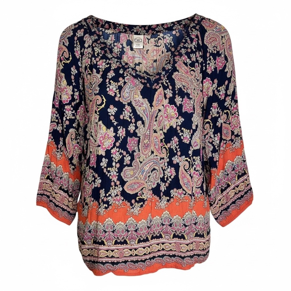 Bila Blouse Women XXL Navy Paisley Boho Crinkle Rayon 3/4 Sleeve V-Neck